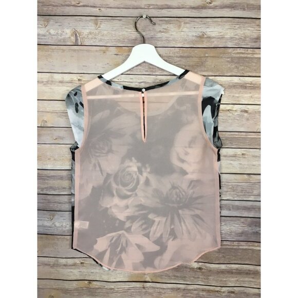 American Eagle XS Sheer Floral Shirt Top Blouse Colorblock Roses Cap Sleeve - Picture 2 of 7